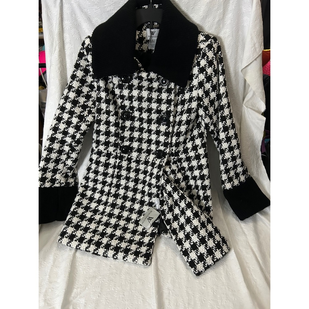 Worthington Houndstooth Peacoat Retro 90s Black White Ribbed Collar Double Breas